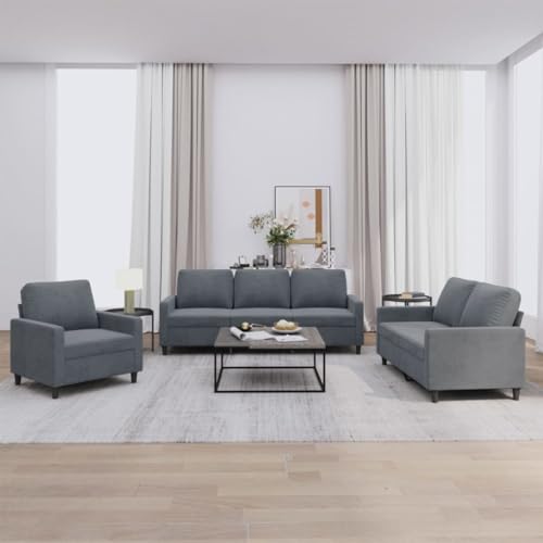 vidaXL 3-teiliges Sofa-Set – Ecksofa mit Kissen, 3-Sitzer und Zweisitzer Couch, Modernes Wohnzimmer-Set, Dunkelgrauer Samt