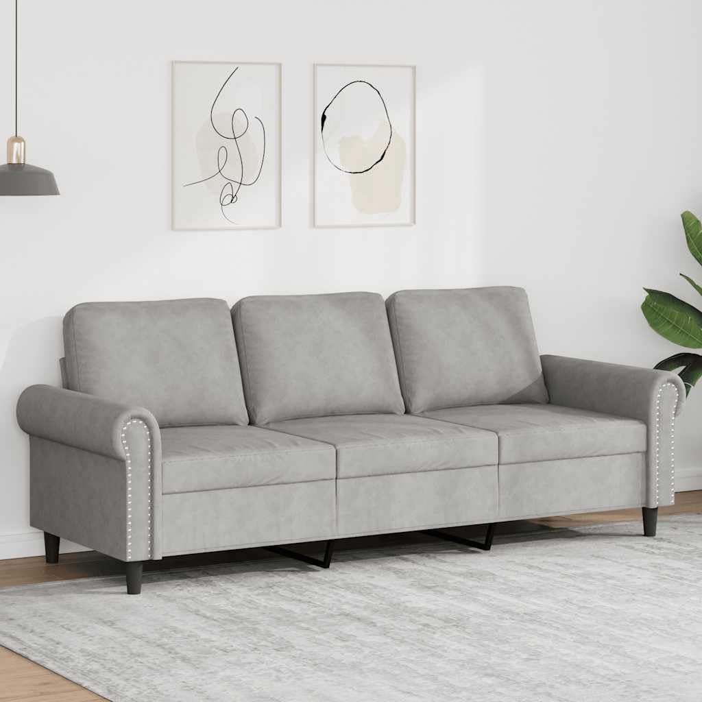vidaXL 3-Sitzer Sofa in Samt – Modernes Wohnzimmer- oder Büromöbel, Hellgrau, Gepolstert mit Metallrahmen, Komfortable Sitzfläche
