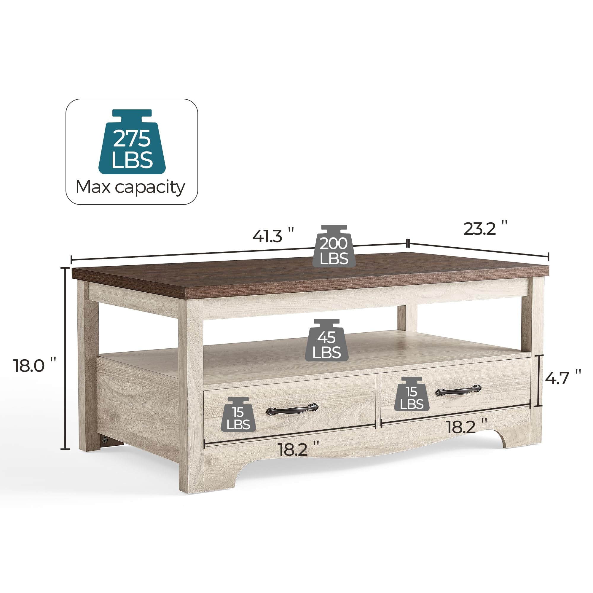 Farmhouse Couchtisch mit Stauraum – Holz-Tisch mit Schubladen und Offener Ablage, Chic-Design mit Geschwungener Basis, Eiche/Braun