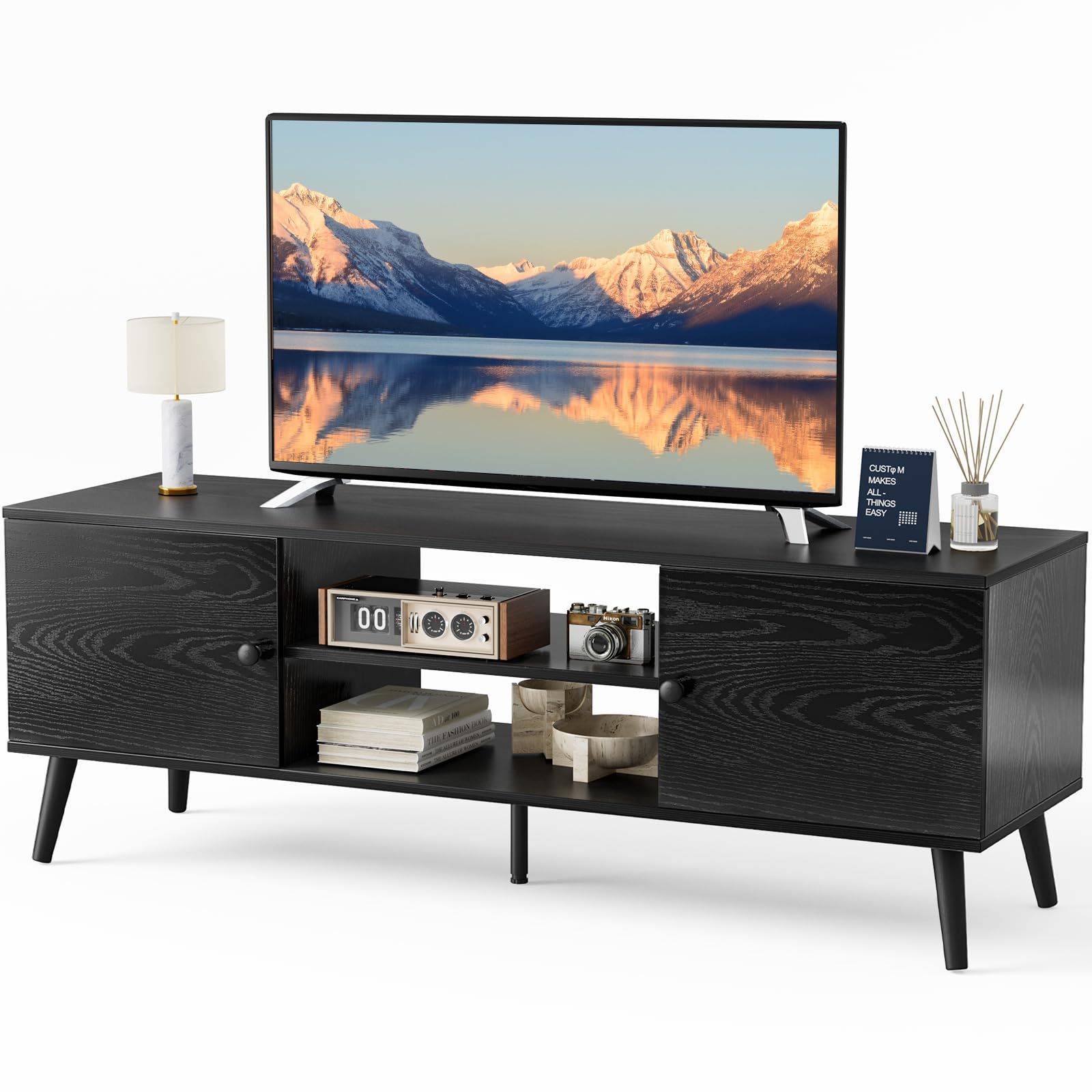 Modernes TV-Lowboard für 55–60 Zoll Fernseher – Mid-Century TV-Schrank mit Stauraum, 2 Schranktüren und Verstellbarem Regal, Schwarzes Entertainment Center für Wohnzimmer und Büro