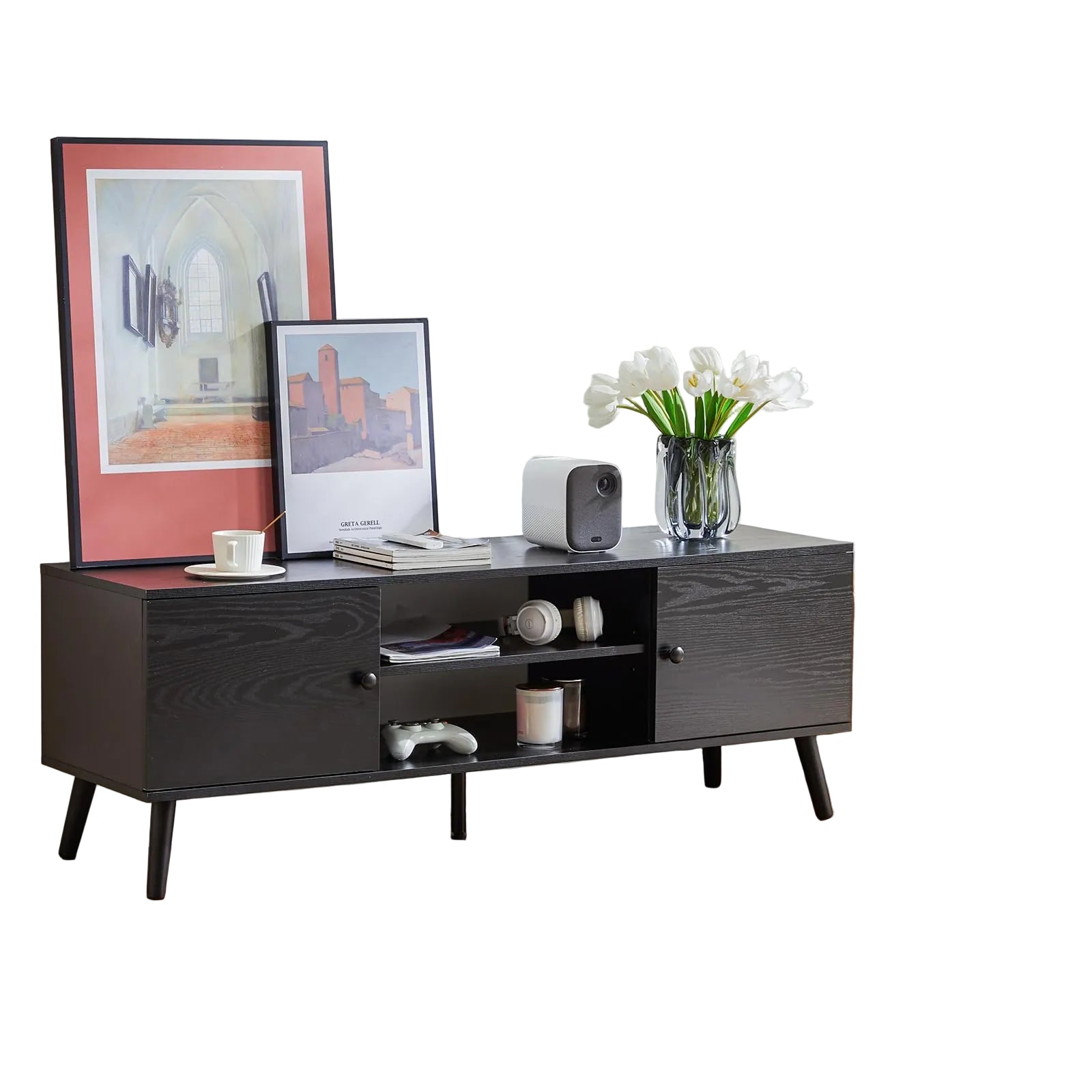 Modernes TV-Lowboard für 55–60 Zoll Fernseher – Mid-Century TV-Schrank mit Stauraum, 2 Schranktüren und Verstellbarem Regal, Schwarzes Entertainment Center für Wohnzimmer und Büro