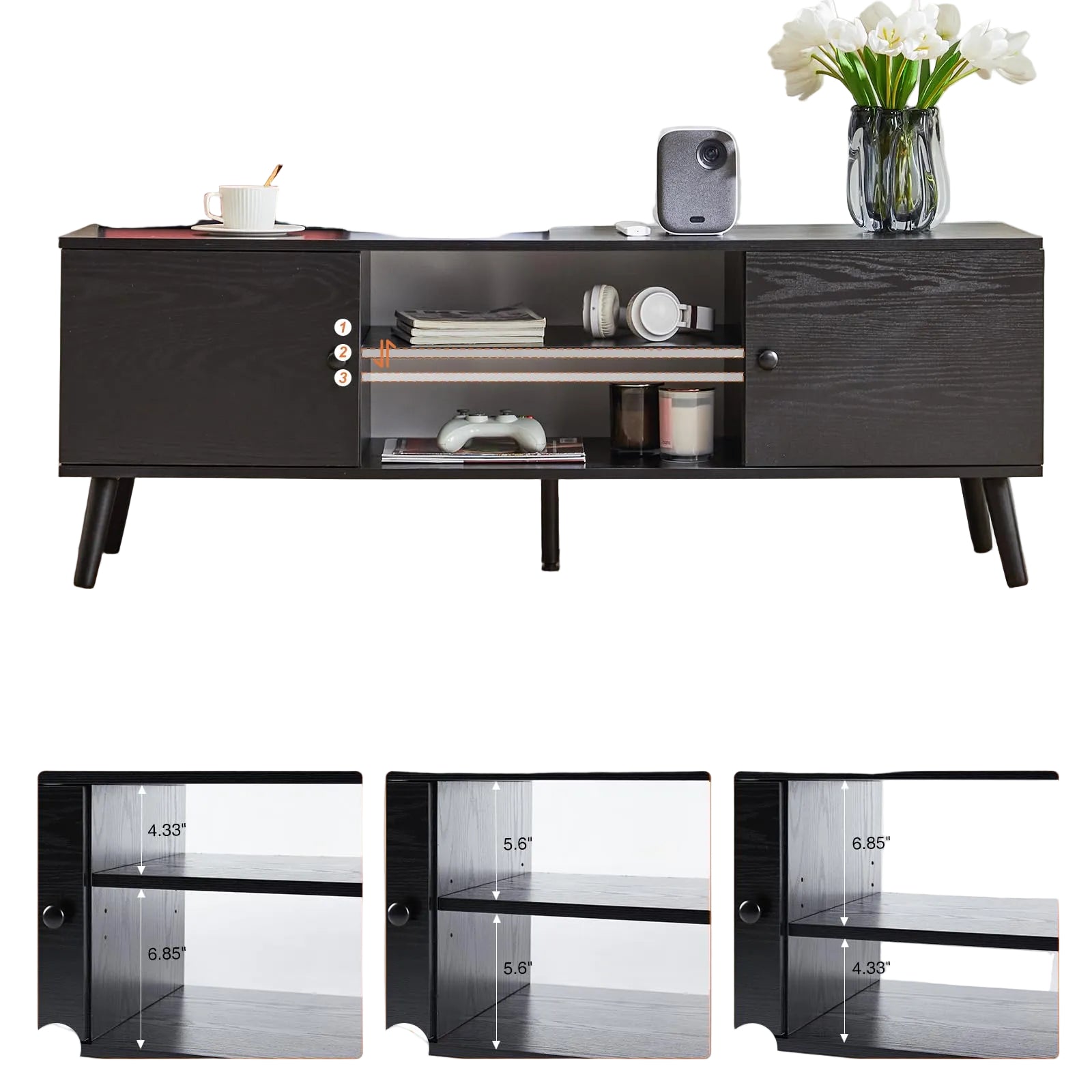 Modernes TV-Lowboard für 55–60 Zoll Fernseher – Mid-Century TV-Schrank mit Stauraum, 2 Schranktüren und Verstellbarem Regal, Schwarzes Entertainment Center für Wohnzimmer und Büro
