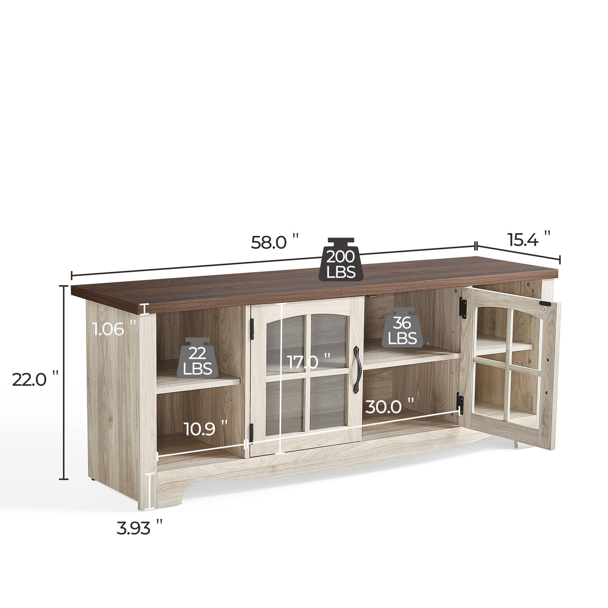 Farmhouse TV-Lowboard für 65 Zoll Fernseher – TV-Schrank aus Holz mit Glastüren, Verstellbaren Ablagen und Stauraum, Robustes TV-Board für Wohnzimmer und Schlafzimmer