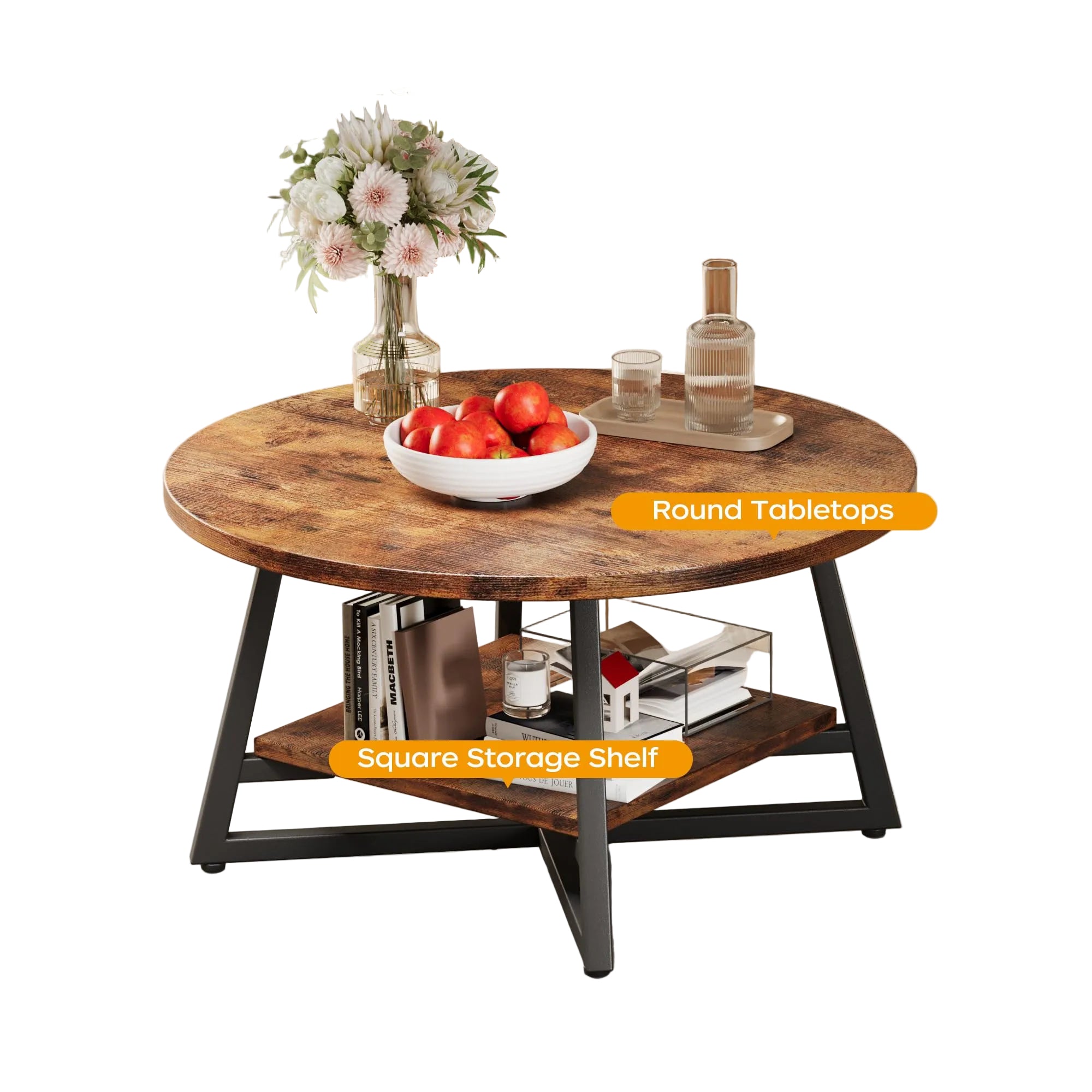 Runder Couchtisch mit Stauraum – 2-Ebenen Holz-Tisch, Modernes Wohnzimmer- und Büro-Center, Rustikales Braun, Kompakt für Kleine Räume