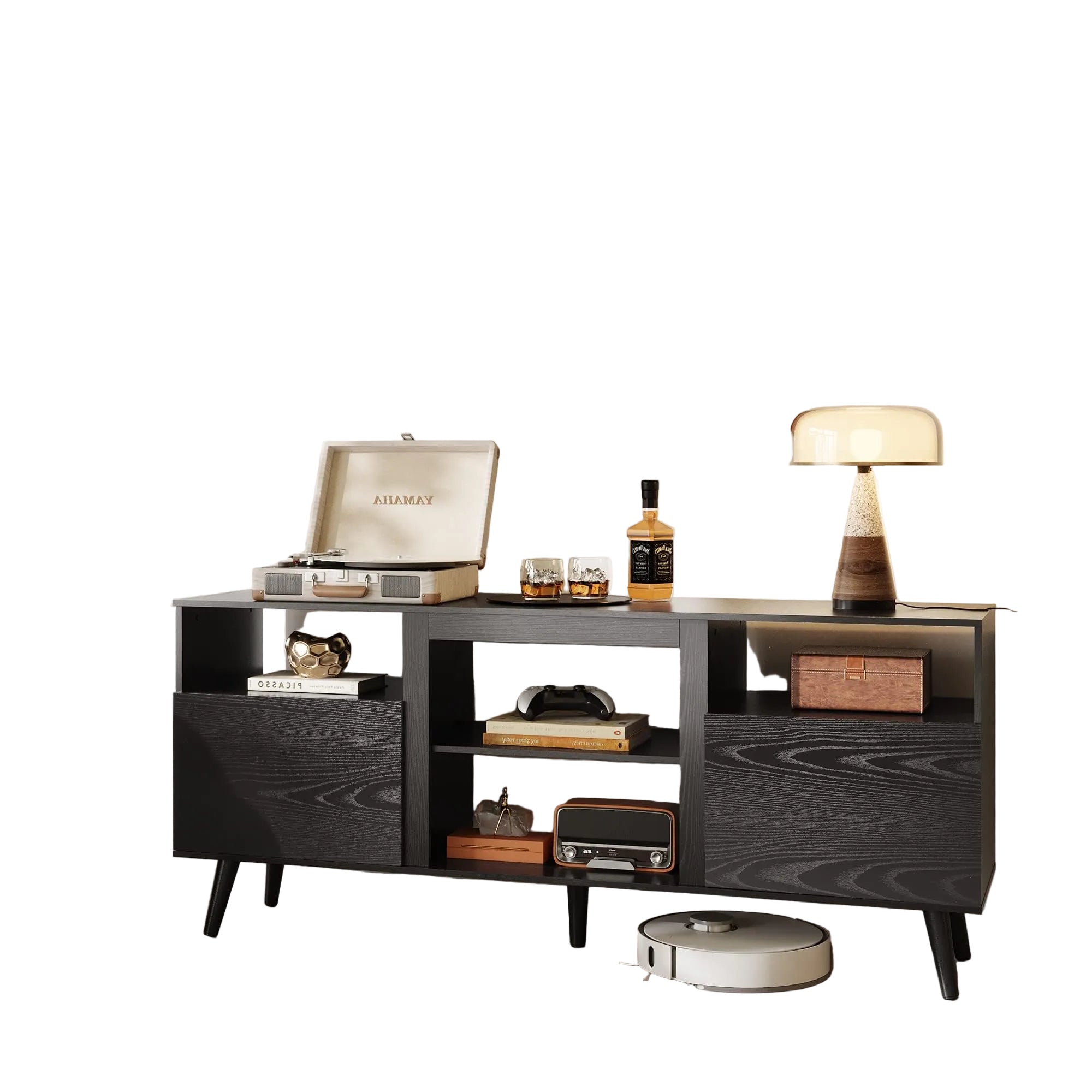 Mid-Century TV-Lowboard für 55–65 Zoll Fernseher – Modernes Entertainment Center mit Offenem Regal, Schrankfächern und Verstellbarer Ablage, Schwarzer TV-Schrank für Wohnzimmer und Büro