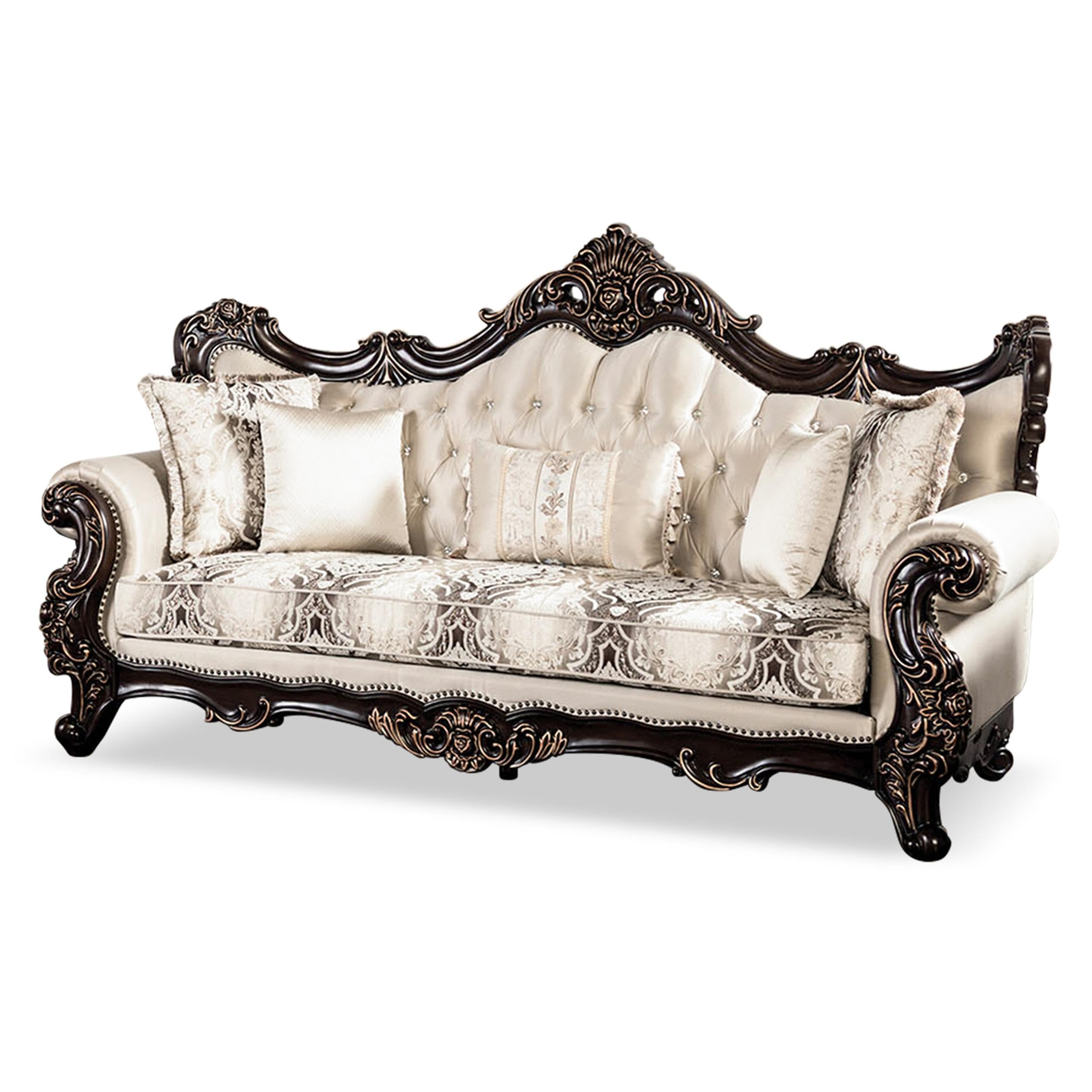 America Zephyra 2-teiliges Sofa-Set – Traditionelles Wohnzimmer-Set mit Kunstleder, Zweisitzer und Sofa, Rollenarmen und Dekokissen, Holzrahmen, Dunkelkirsch/Beige