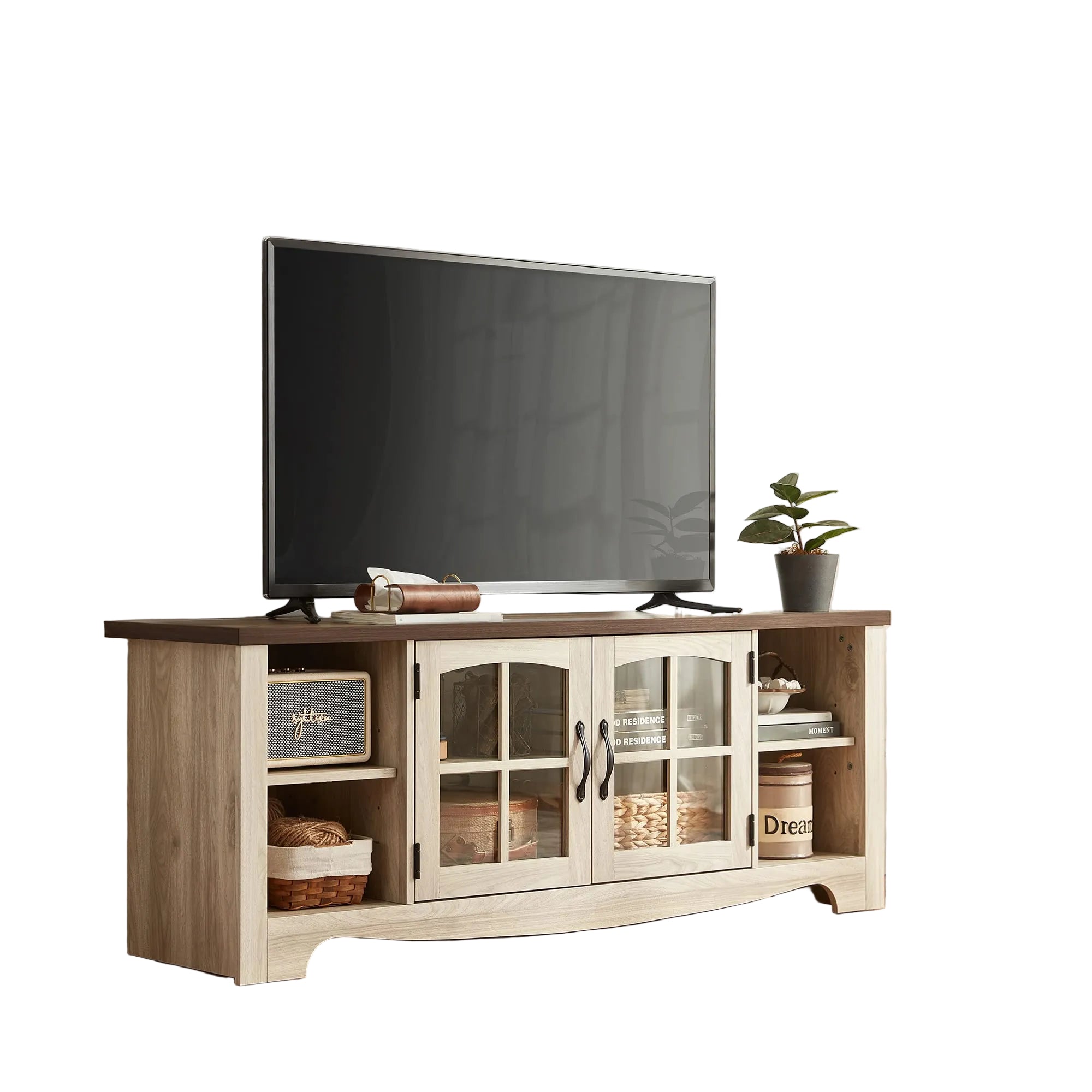 Farmhouse TV-Lowboard für 65 Zoll Fernseher – TV-Schrank aus Holz mit Glastüren, Verstellbaren Ablagen und Stauraum, Robustes TV-Board für Wohnzimmer und Schlafzimmer