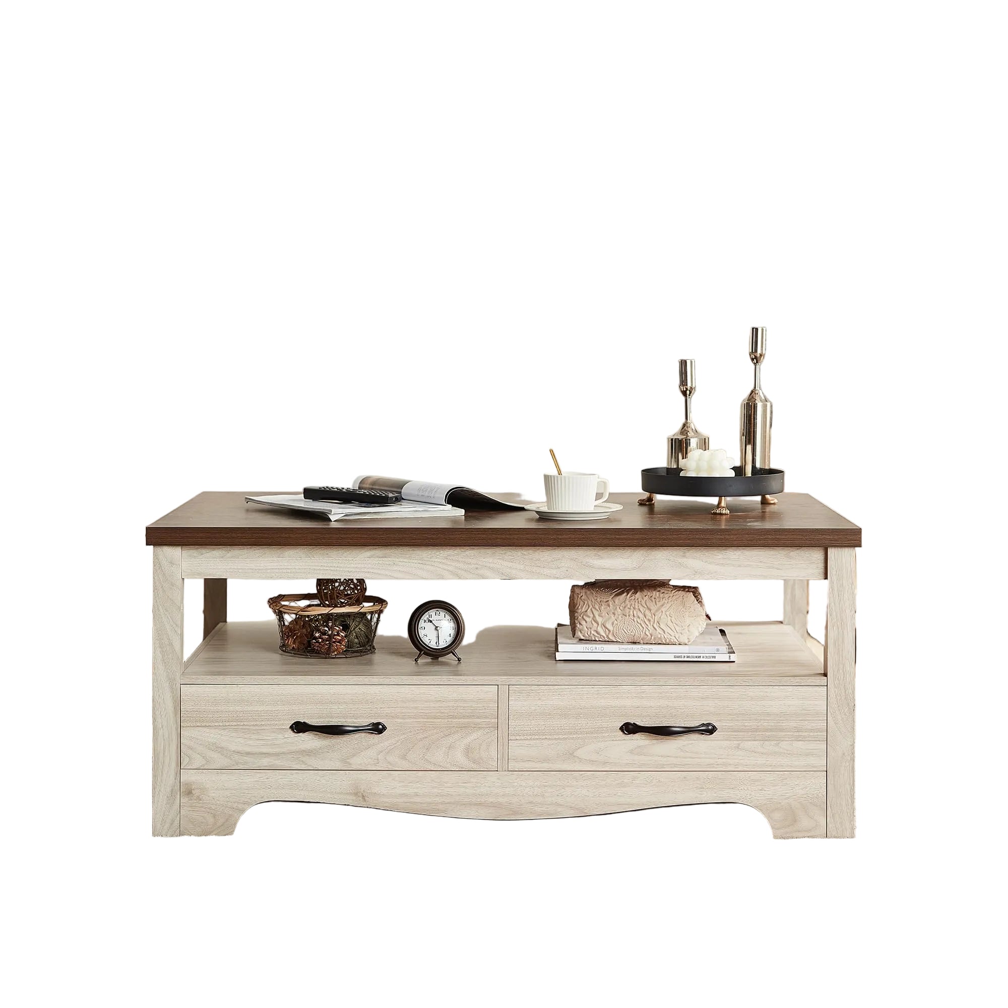 Farmhouse Couchtisch mit Stauraum – Holz-Tisch mit Schubladen und Offener Ablage, Chic-Design mit Geschwungener Basis, Eiche/Braun