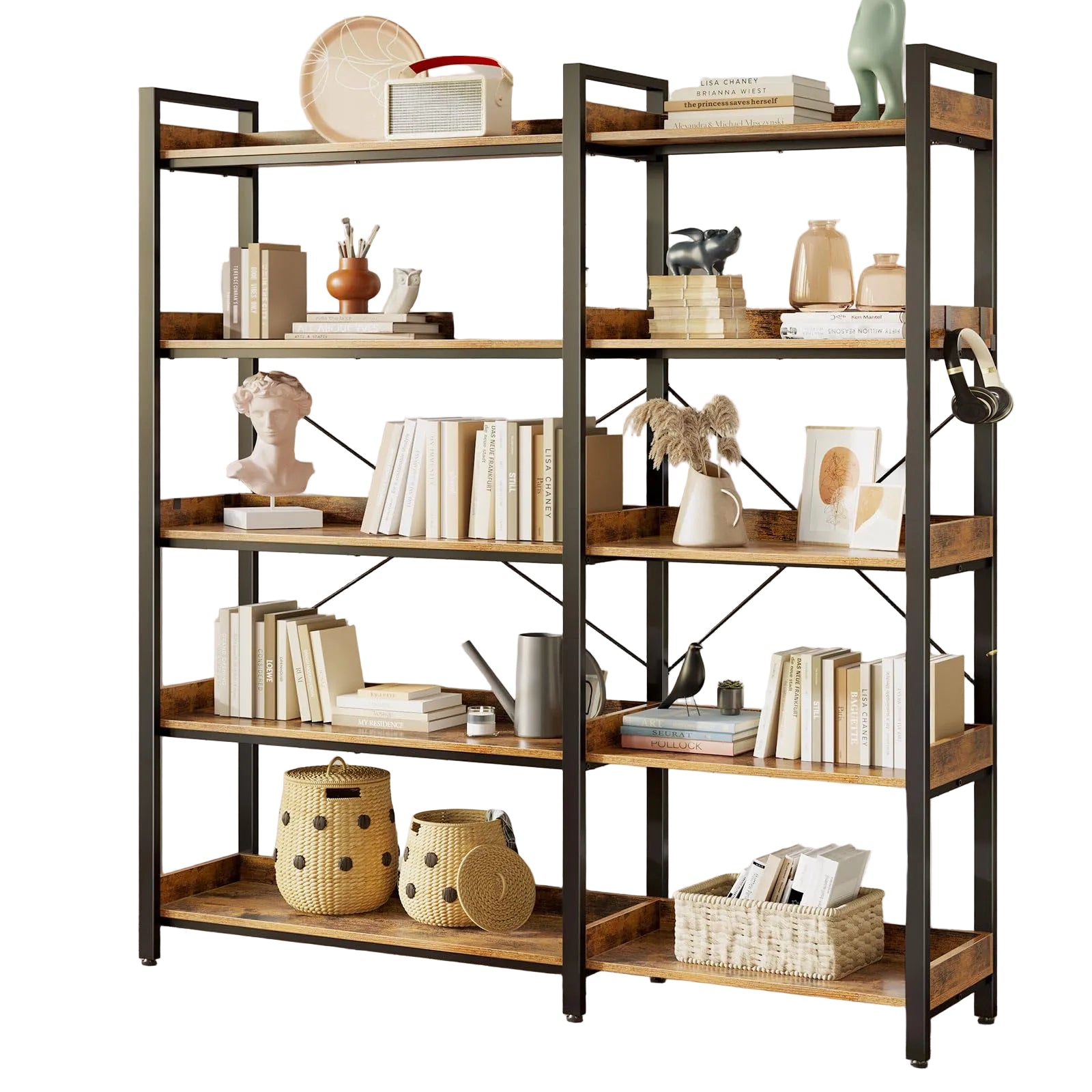 5-Tier Bücherregal mit 4 Haken – Industrielles Standregal aus Holz und Metall, Reversibles Eckregal mit Offenen Ablagen für Wohnzimmer, Schlafzimmer und Büro, Rustikal Braun