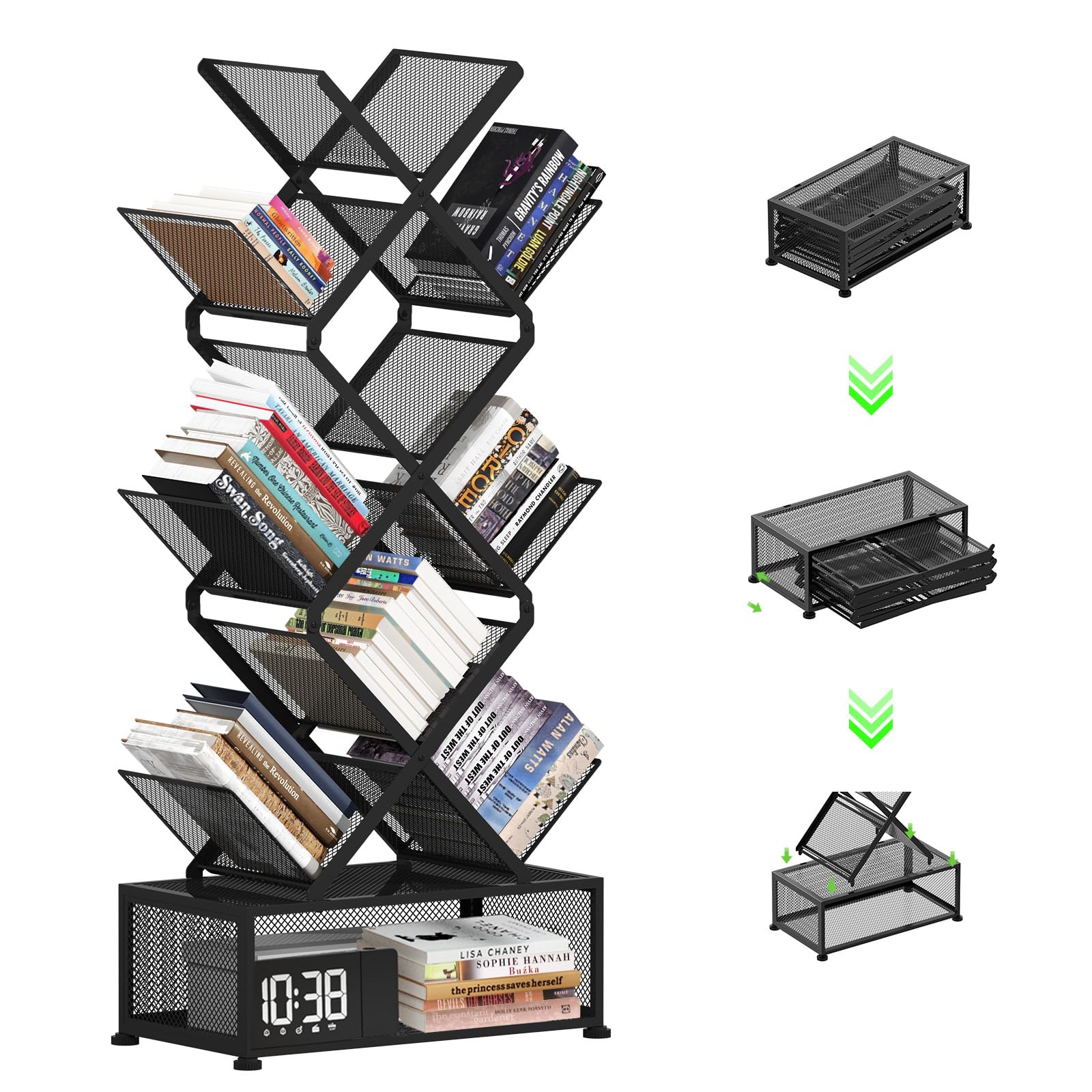 9-Tier Baum Bücherregal aus Metall – Platzsparendes Standregal mit Offenen Ablagen, Klappbares Bücherregal ohne Montage für Wohnzimmer, Schlafzimmer und Büro, Schwarz
