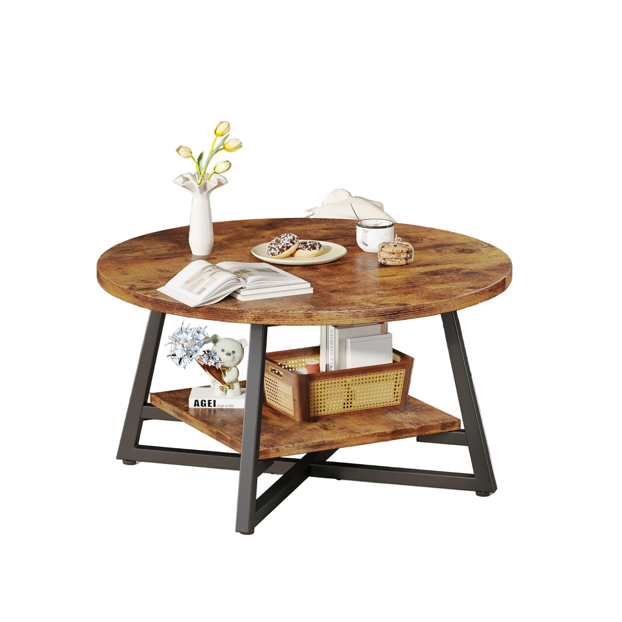 Runder Couchtisch mit Stauraum – 2-Ebenen Holz-Tisch, Modernes Wohnzimmer- und Büro-Center, Rustikales Braun, Kompakt für Kleine Räume