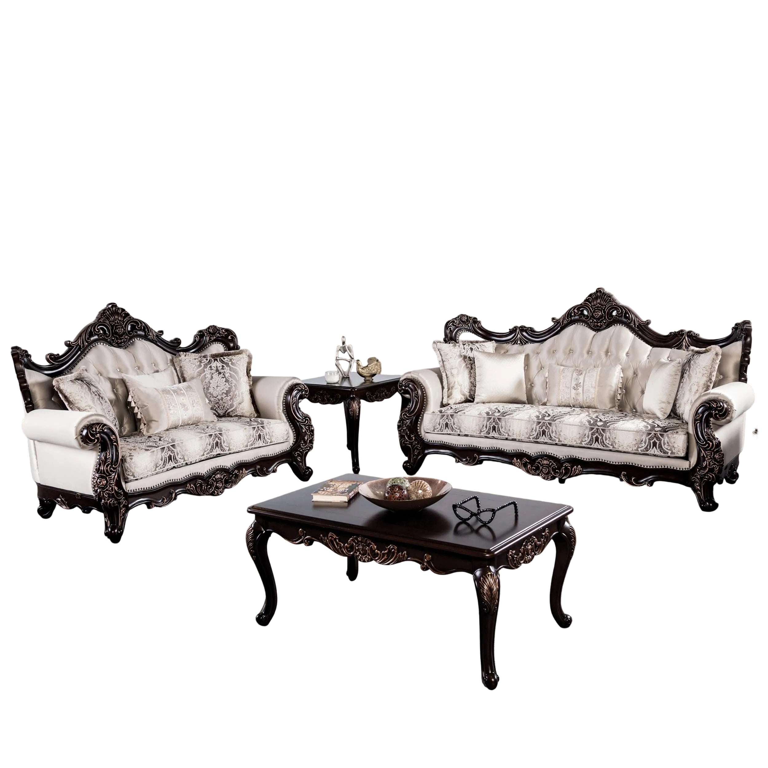 America Zephyra 2-teiliges Sofa-Set – Traditionelles Wohnzimmer-Set mit Kunstleder, Zweisitzer und Sofa, Rollenarmen und Dekokissen, Holzrahmen, Dunkelkirsch/Beige