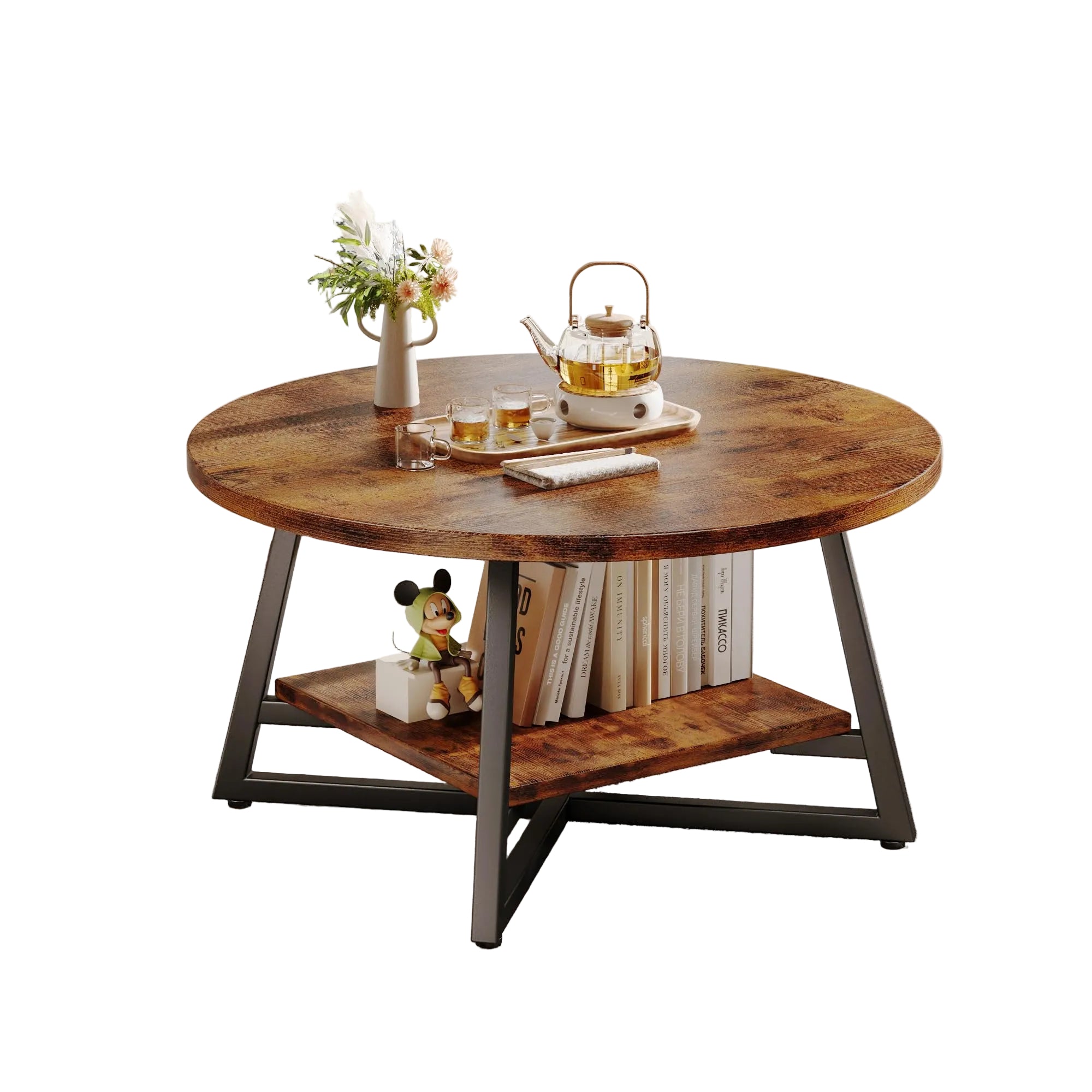 Runder Couchtisch mit Stauraum – 2-Ebenen Holz-Tisch, Modernes Wohnzimmer- und Büro-Center, Rustikales Braun, Kompakt für Kleine Räume