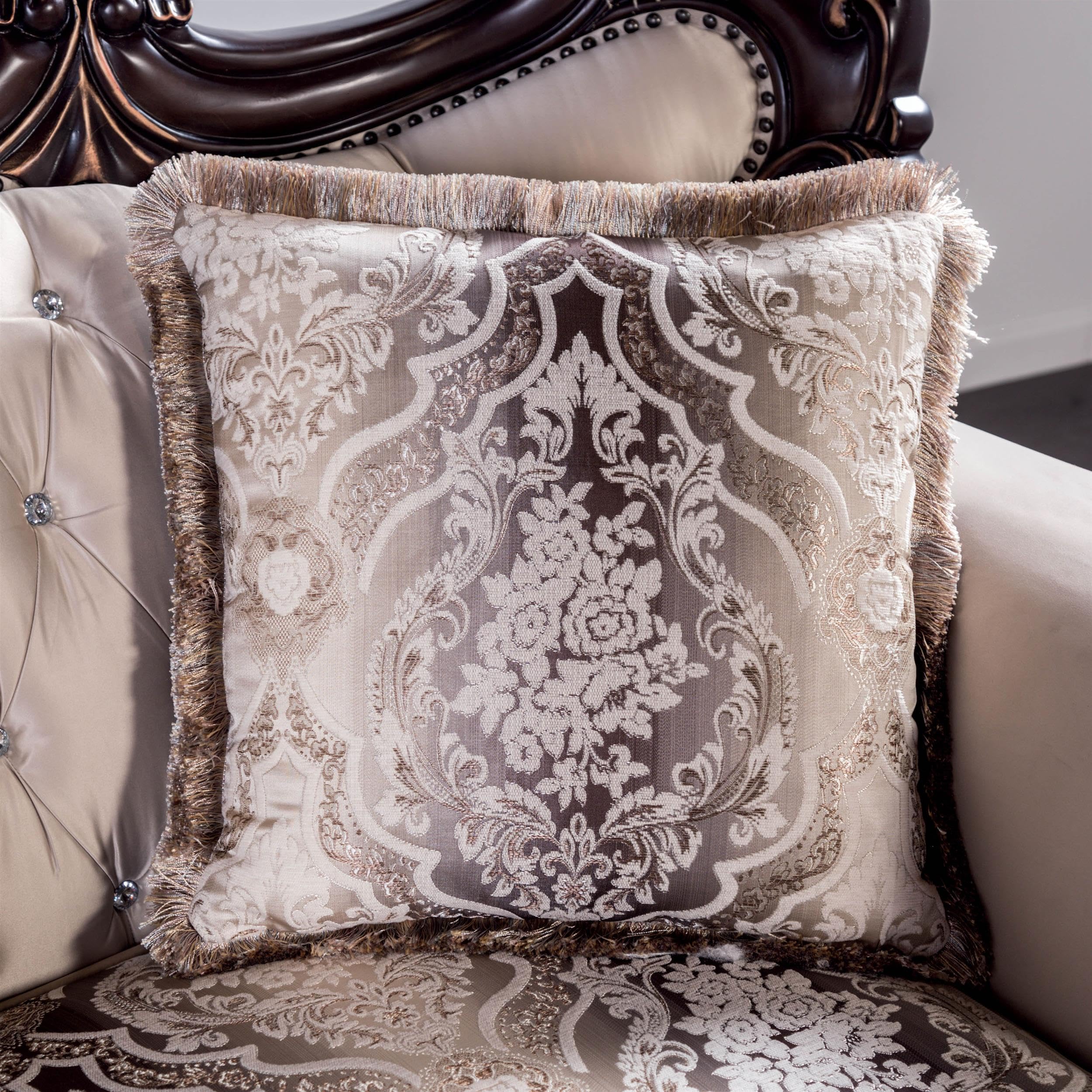 America Zephyra 2-teiliges Sofa-Set – Traditionelles Wohnzimmer-Set mit Kunstleder, Zweisitzer und Sofa, Rollenarmen und Dekokissen, Holzrahmen, Dunkelkirsch/Beige