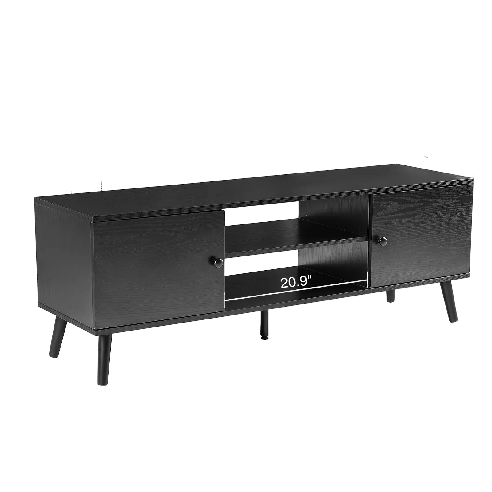 Modernes TV-Lowboard für 55–60 Zoll Fernseher – Mid-Century TV-Schrank mit Stauraum, 2 Schranktüren und Verstellbarem Regal, Schwarzes Entertainment Center für Wohnzimmer und Büro