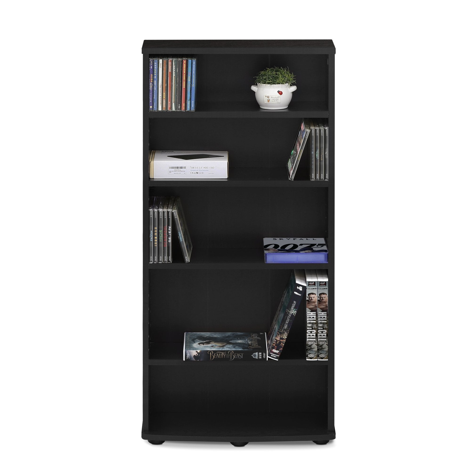 Schmales 4-Tier Multimedia Aufbewahrungsregal – DVD, CD und Spiele-Organizer mit Verstellbaren Regalböden, Kompaktes Medienregal aus Holzwerkstoff, Espresso