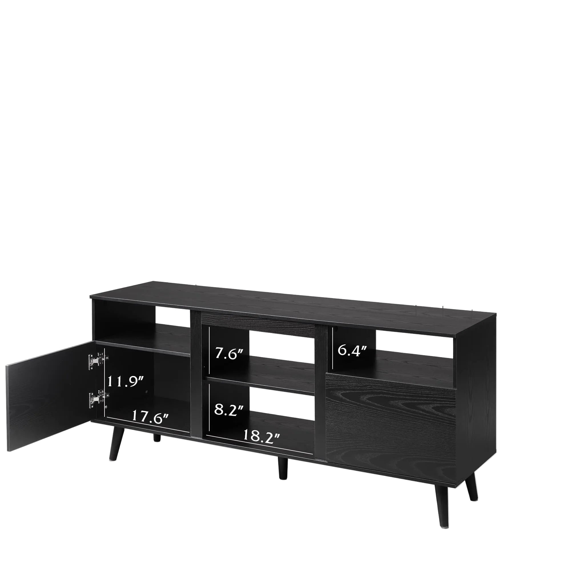 Mid-Century TV-Lowboard für 55–65 Zoll Fernseher – Modernes Entertainment Center mit Offenem Regal, Schrankfächern und Verstellbarer Ablage, Schwarzer TV-Schrank für Wohnzimmer und Büro