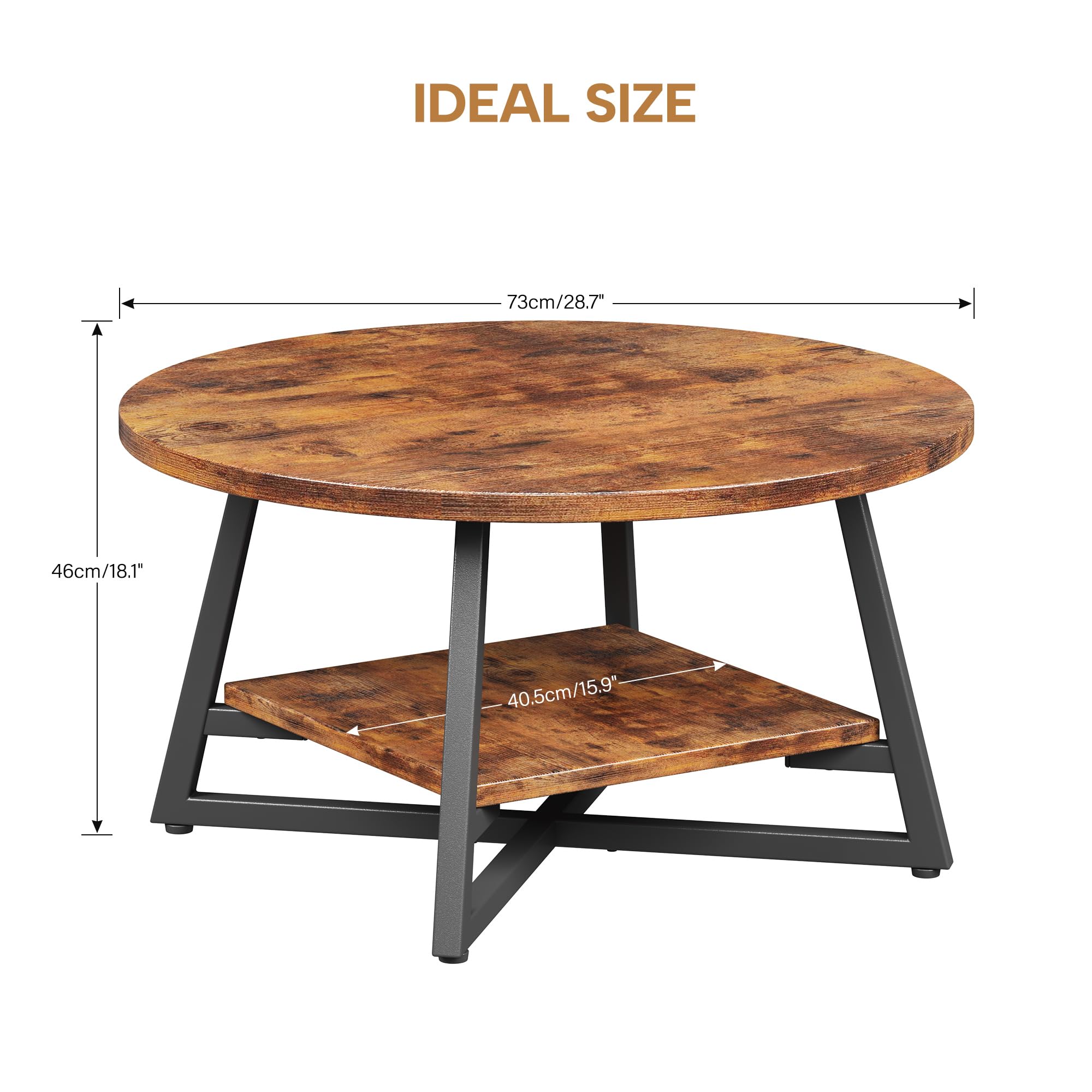 Runder Couchtisch mit Stauraum – 2-Ebenen Holz-Tisch, Modernes Wohnzimmer- und Büro-Center, Rustikales Braun, Kompakt für Kleine Räume
