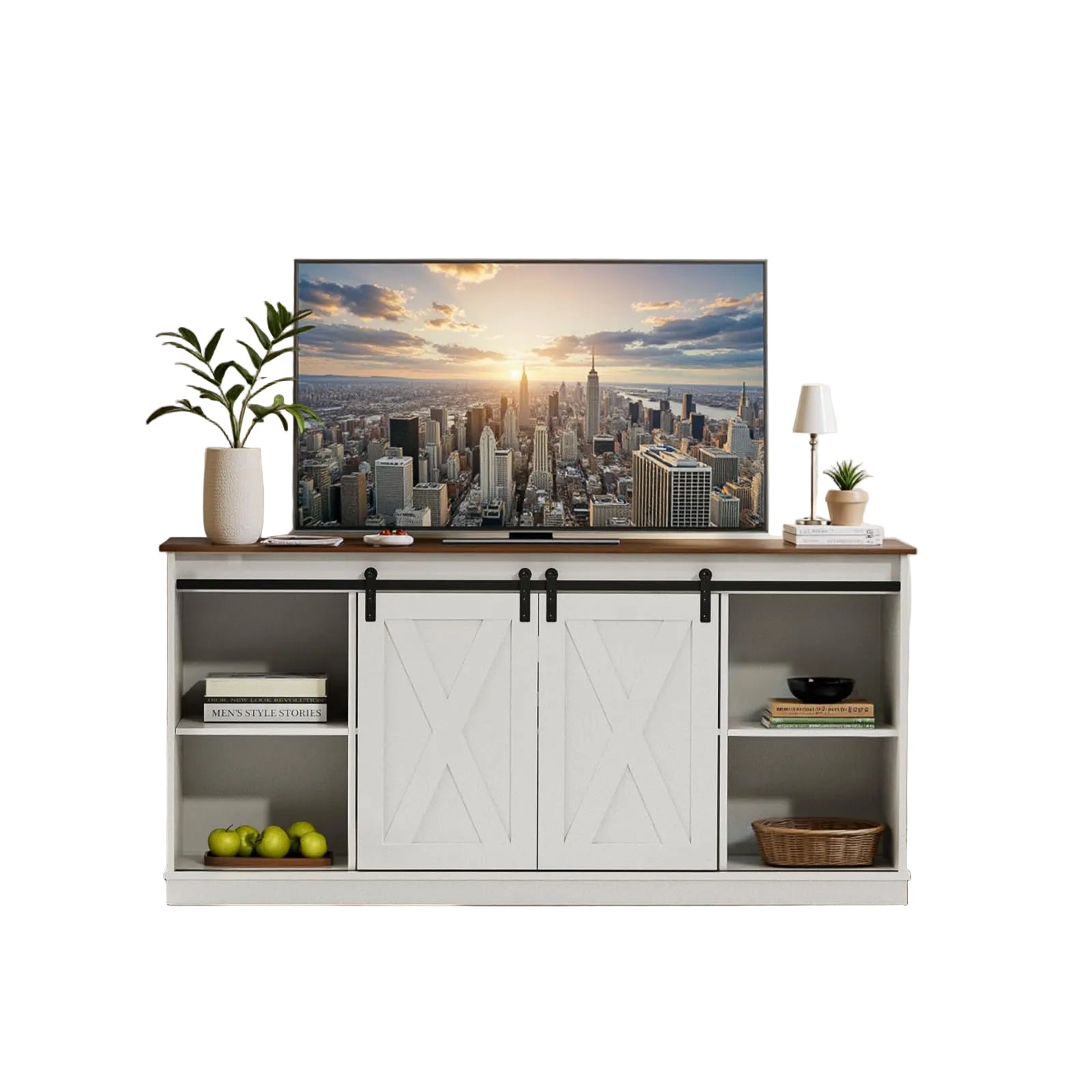 65 Zoll TV-Lowboard im Farmhouse-Stil – TV-Schrank mit Schiebetüren, Verstellbaren Ablagen und Kabelmanagement, Weißer TV-Ständer mit Stauraum für Wohnzimmer und Schlafzimmer