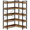 5-Tier Bücherregal mit 4 Haken – Industrielles Standregal aus Holz und Metall, Reversibles Eckregal mit Offenen Ablagen für Wohnzimmer, Schlafzimmer und Büro, Rustikal Braun