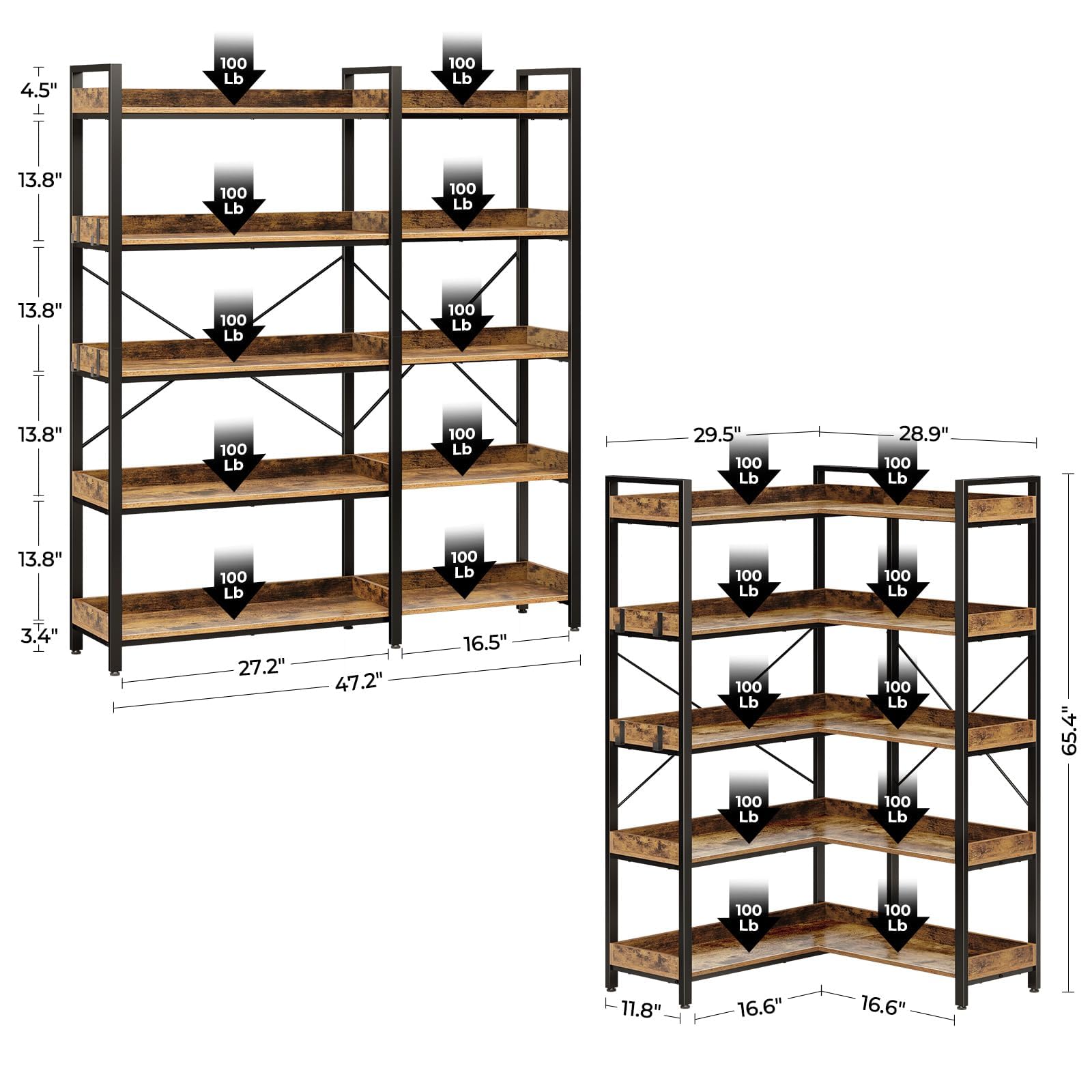 5-Tier Bücherregal mit 4 Haken – Industrielles Standregal aus Holz und Metall, Reversibles Eckregal mit Offenen Ablagen für Wohnzimmer, Schlafzimmer und Büro, Rustikal Braun