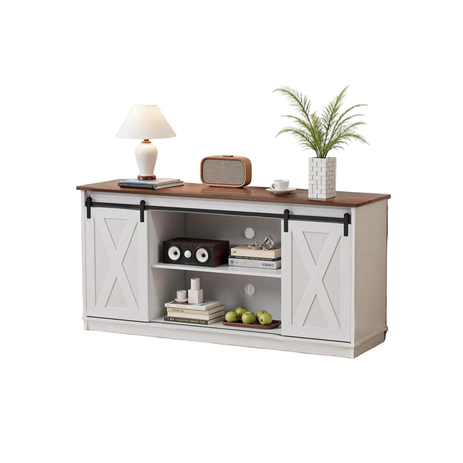 65 Zoll TV-Lowboard im Farmhouse-Stil – TV-Schrank mit Schiebetüren, Verstellbaren Ablagen und Kabelmanagement, Weißer TV-Ständer mit Stauraum für Wohnzimmer und Schlafzimmer