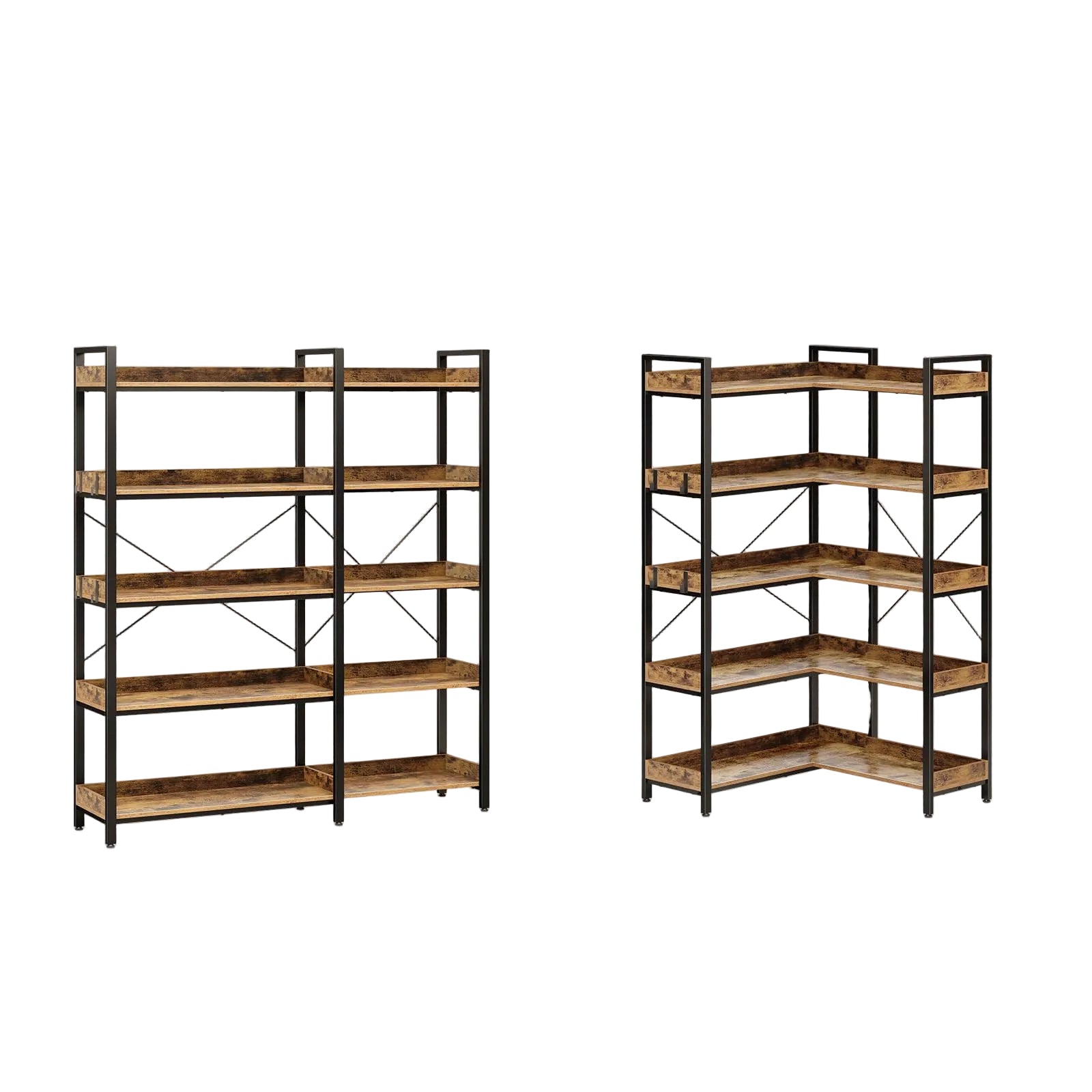 5-Tier Bücherregal mit 4 Haken – Industrielles Standregal aus Holz und Metall, Reversibles Eckregal mit Offenen Ablagen für Wohnzimmer, Schlafzimmer und Büro, Rustikal Braun