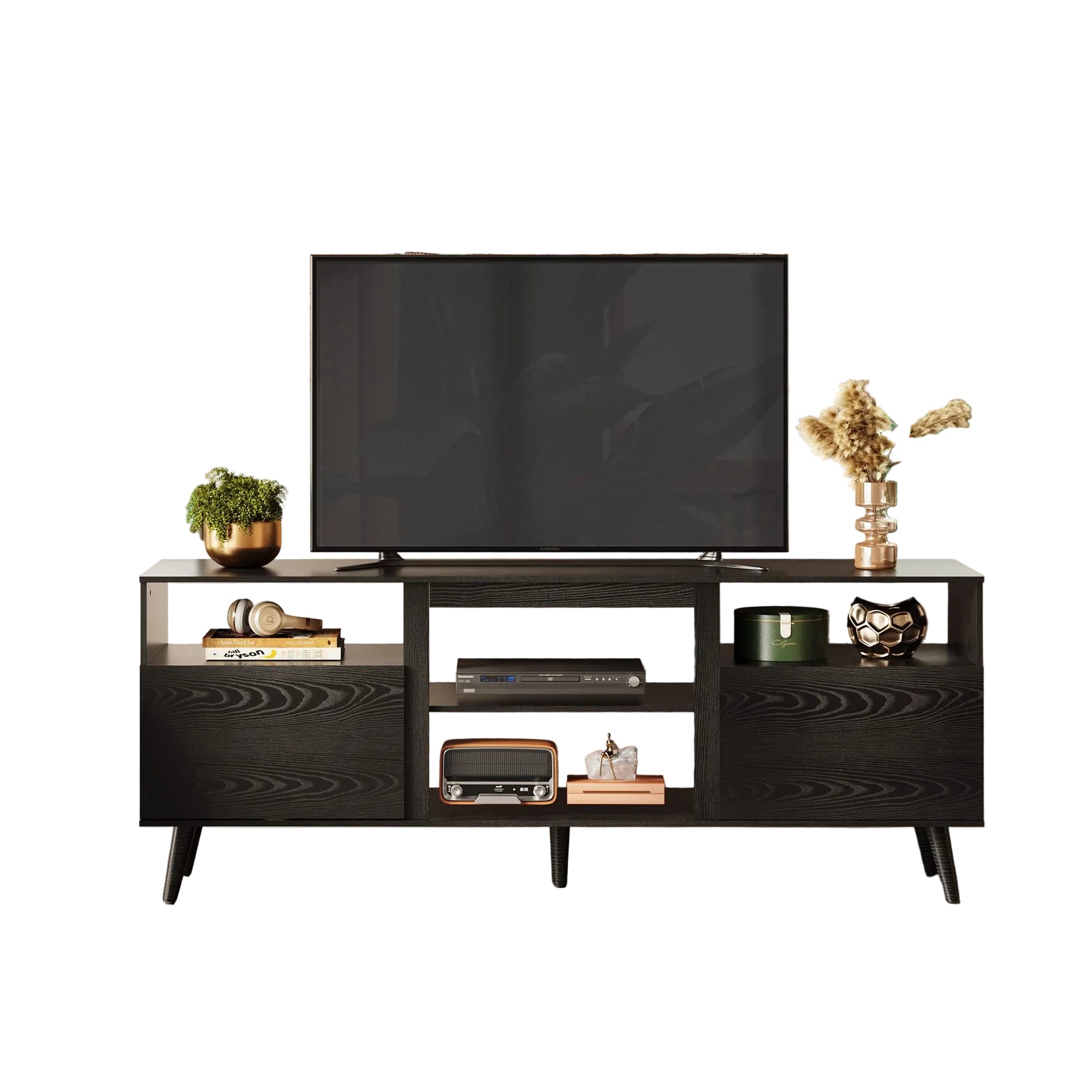 Mid-Century TV-Lowboard für 55–65 Zoll Fernseher – Modernes Entertainment Center mit Offenem Regal, Schrankfächern und Verstellbarer Ablage, Schwarzer TV-Schrank für Wohnzimmer und Büro