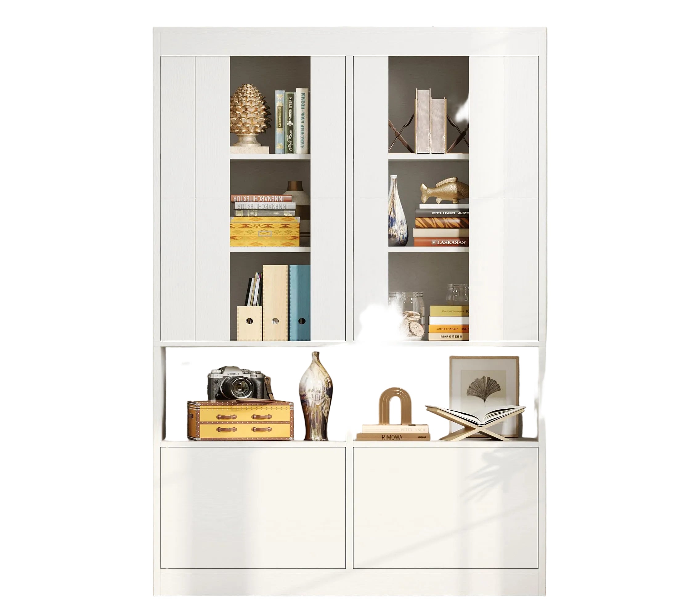 Großes Bücherregal mit Türen – 110 cm Breites Standregal mit Acryl-Displaytüren und Geschlossenen Schränken, Modernes Bücherregal mit Stauraum für Wohnzimmer und Büro