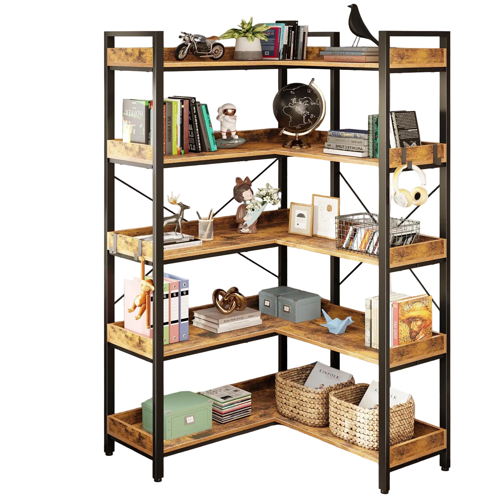 5-Tier Bücherregal mit 4 Haken – Industrielles Standregal aus Holz und Metall, Reversibles Eckregal mit Offenen Ablagen für Wohnzimmer, Schlafzimmer und Büro, Rustikal Braun