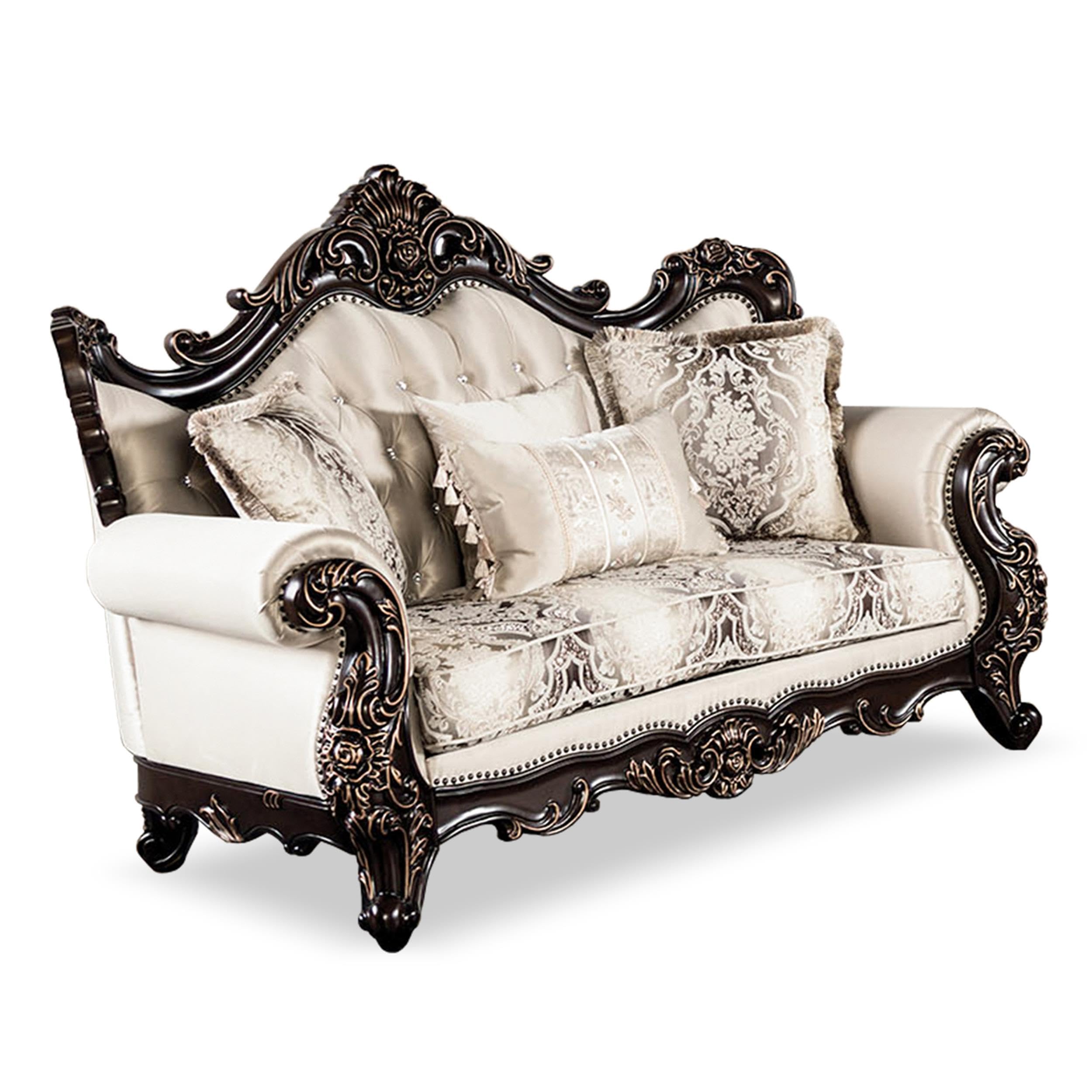 America Zephyra 2-teiliges Sofa-Set – Traditionelles Wohnzimmer-Set mit Kunstleder, Zweisitzer und Sofa, Rollenarmen und Dekokissen, Holzrahmen, Dunkelkirsch/Beige