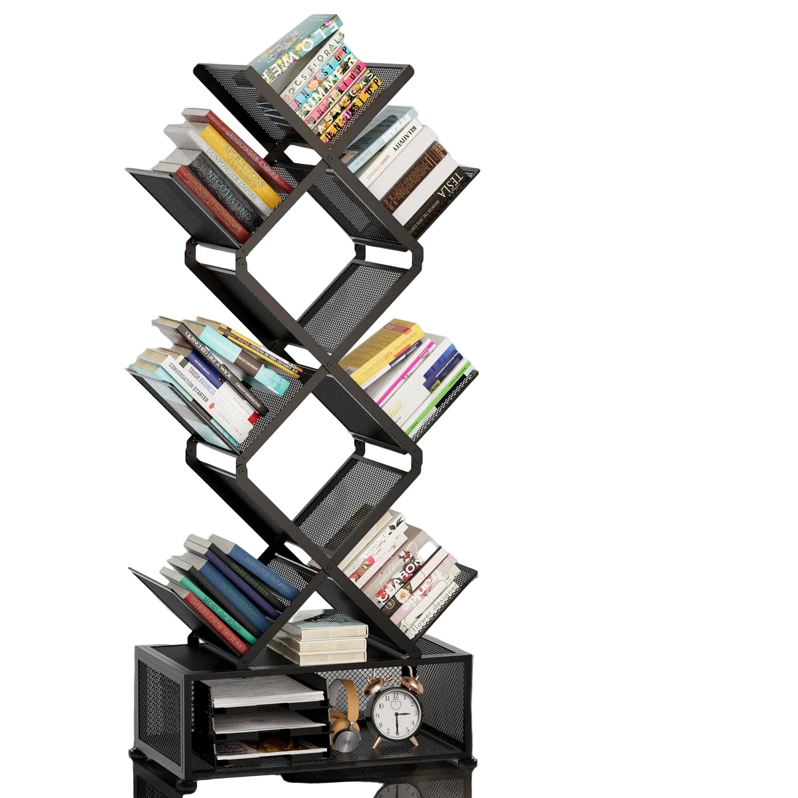 9-Tier Baum Bücherregal aus Metall – Platzsparendes Standregal mit Offenen Ablagen, Klappbares Bücherregal ohne Montage für Wohnzimmer, Schlafzimmer und Büro, Schwarz