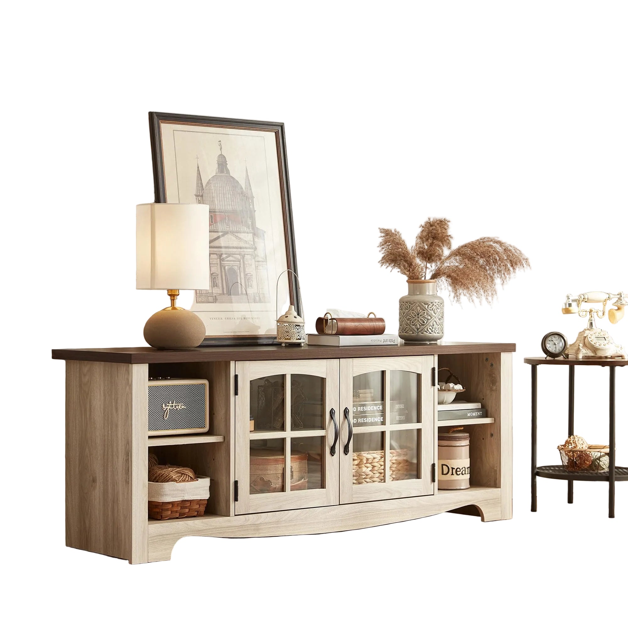 Farmhouse TV-Lowboard für 65 Zoll Fernseher – TV-Schrank aus Holz mit Glastüren, Verstellbaren Ablagen und Stauraum, Robustes TV-Board für Wohnzimmer und Schlafzimmer