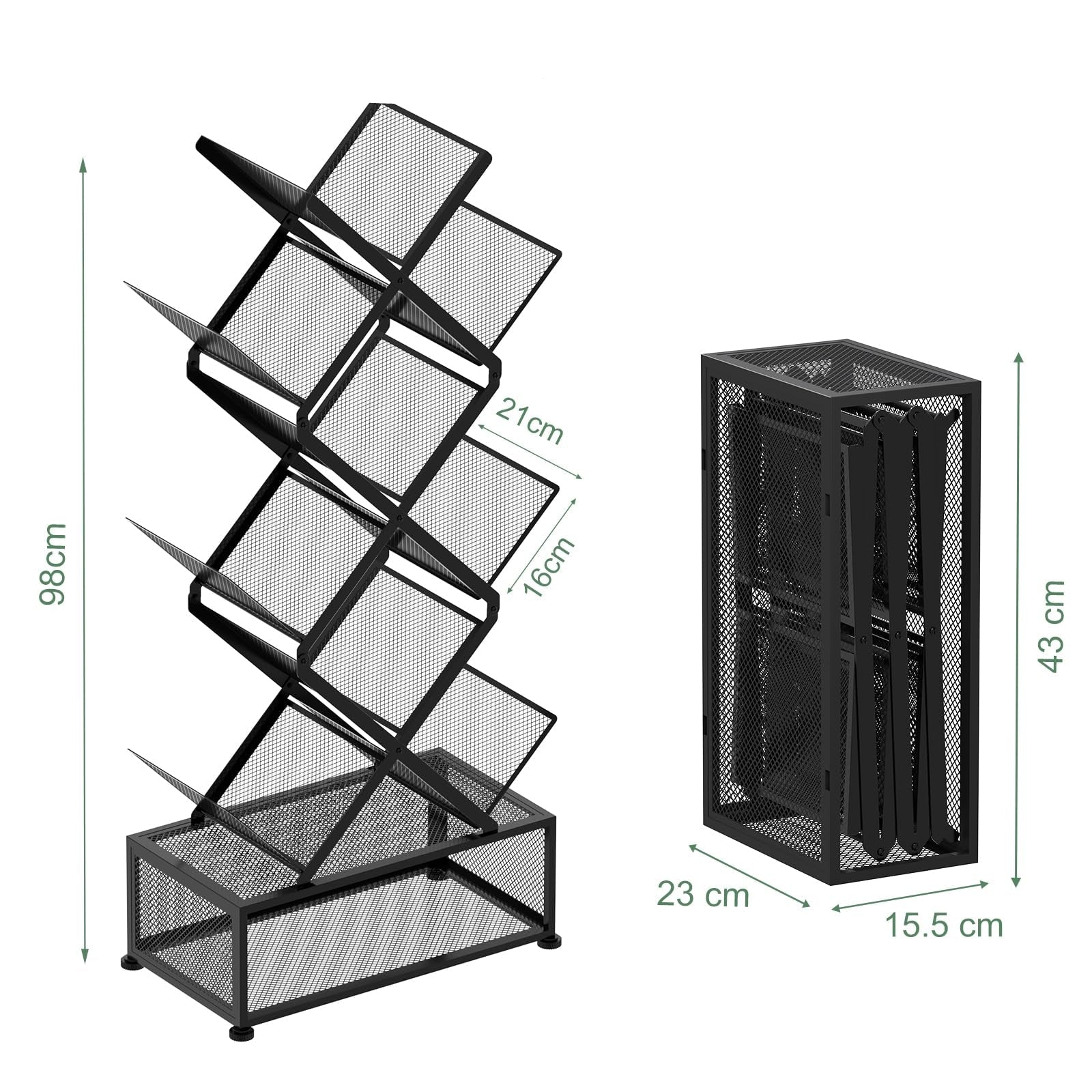 9-Tier Baum Bücherregal aus Metall – Platzsparendes Standregal mit Offenen Ablagen, Klappbares Bücherregal ohne Montage für Wohnzimmer, Schlafzimmer und Büro, Schwarz