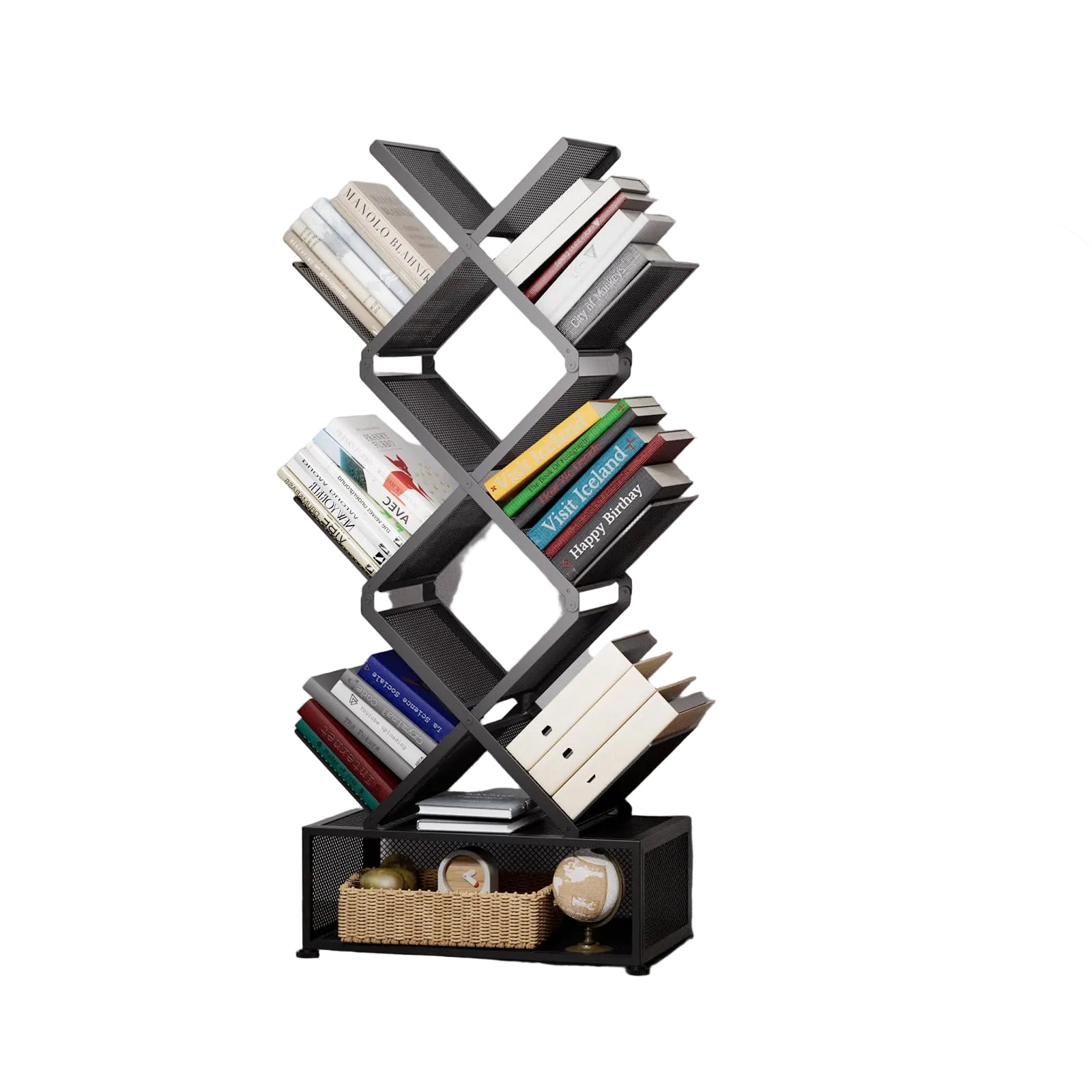 9-Tier Baum Bücherregal aus Metall – Platzsparendes Standregal mit Offenen Ablagen, Klappbares Bücherregal ohne Montage für Wohnzimmer, Schlafzimmer und Büro, Schwarz