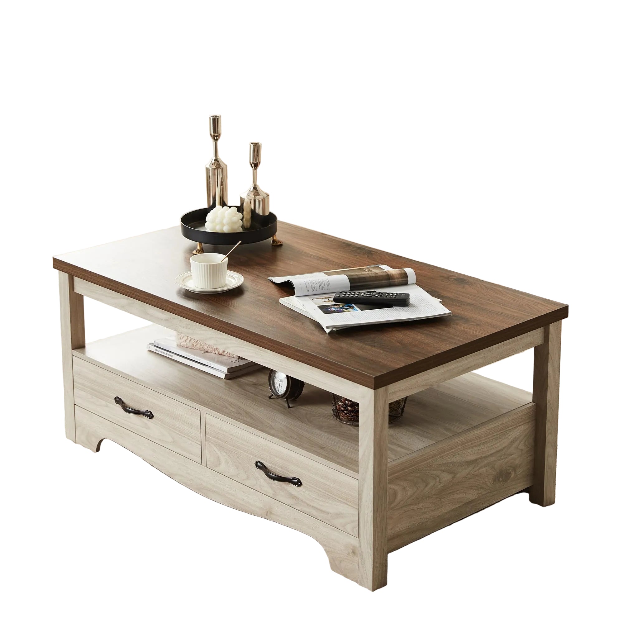 Farmhouse Couchtisch mit Stauraum – Holz-Tisch mit Schubladen und Offener Ablage, Chic-Design mit Geschwungener Basis, Eiche/Braun