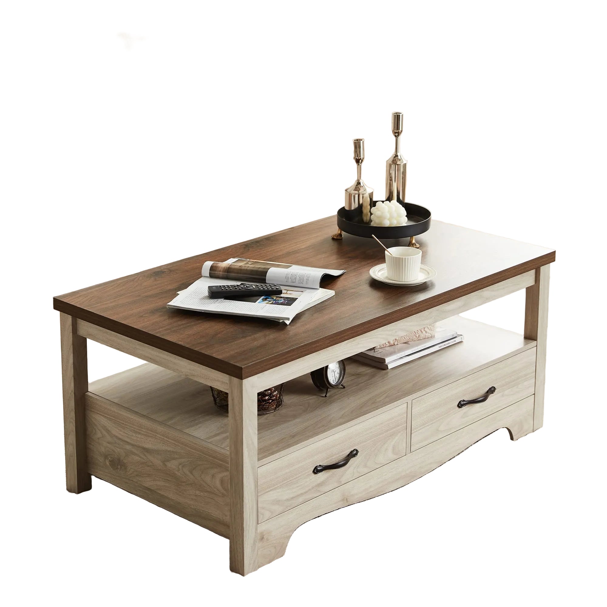 Farmhouse Couchtisch mit Stauraum – Holz-Tisch mit Schubladen und Offener Ablage, Chic-Design mit Geschwungener Basis, Eiche/Braun